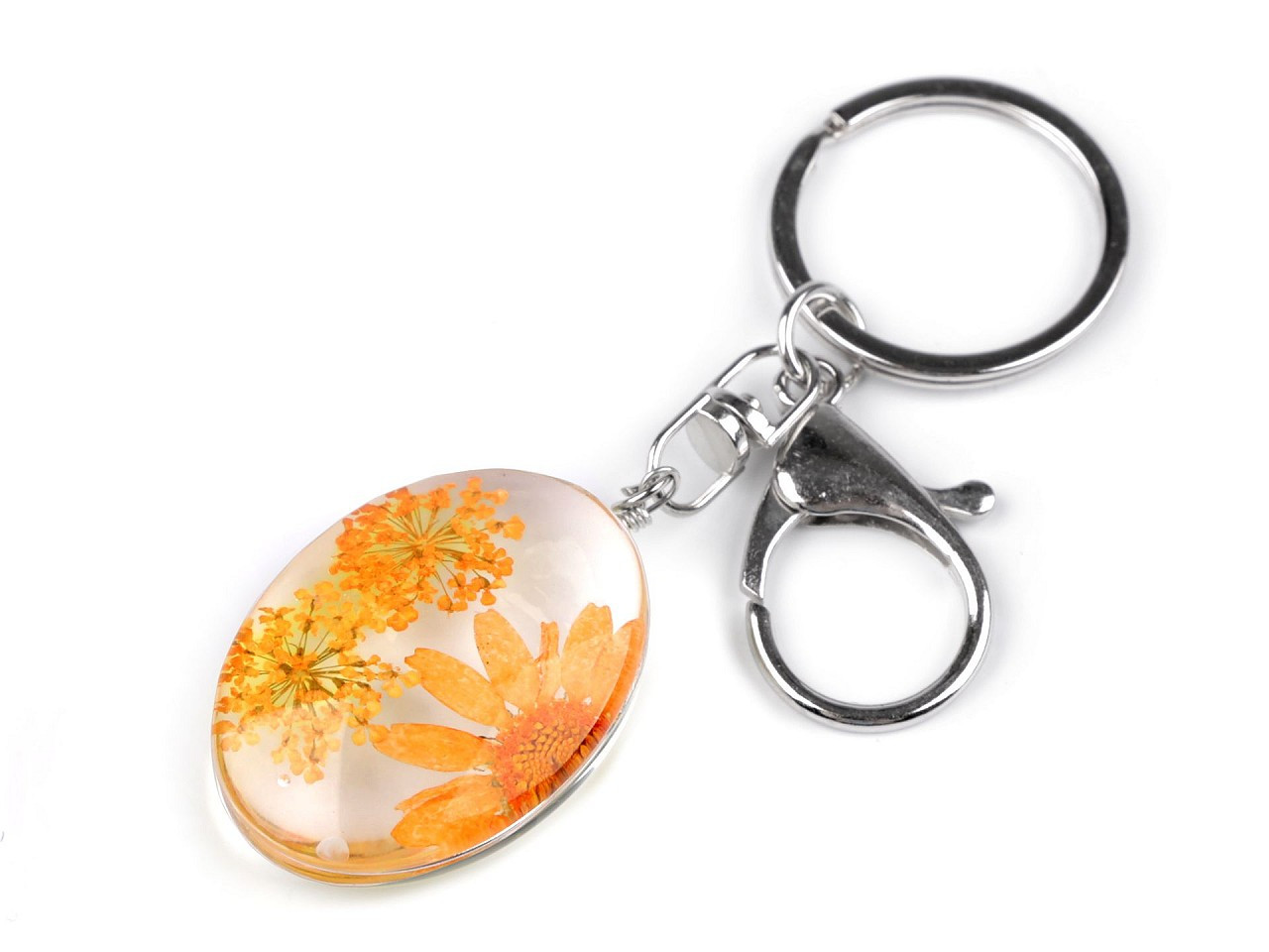 Přívěsek na klíče / kabelku lisované květy v oválu, barva 4 oranžová