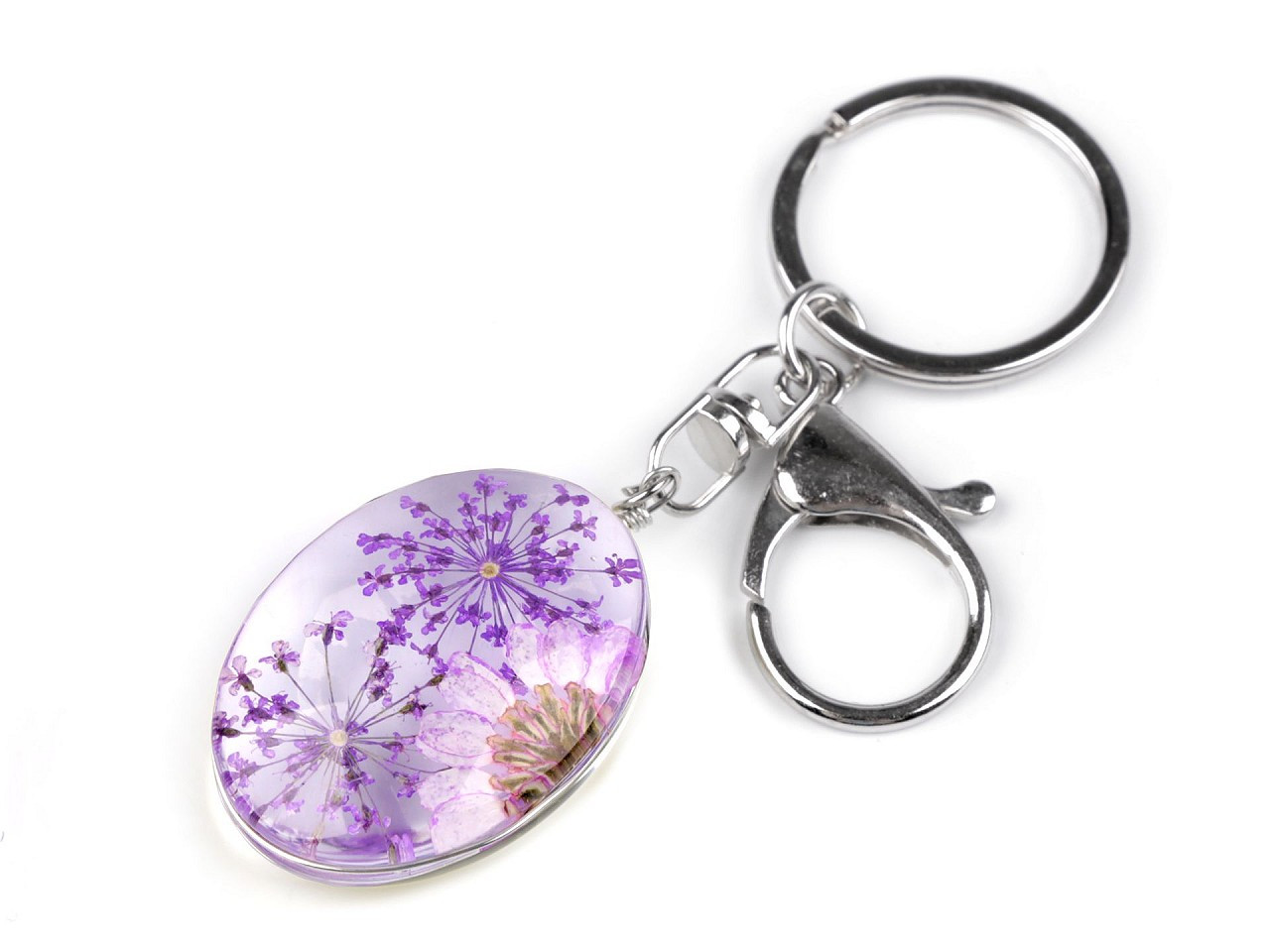Přívěsek na klíče / kabelku lisované květy v oválu, barva 3 fialová lila