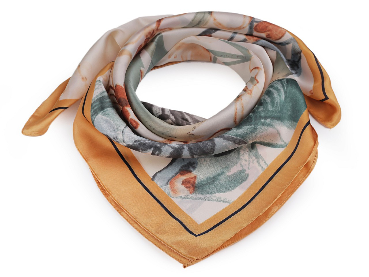 Saténový šátek květy a motýl 70x70 cm, barva 1 béžová tm.