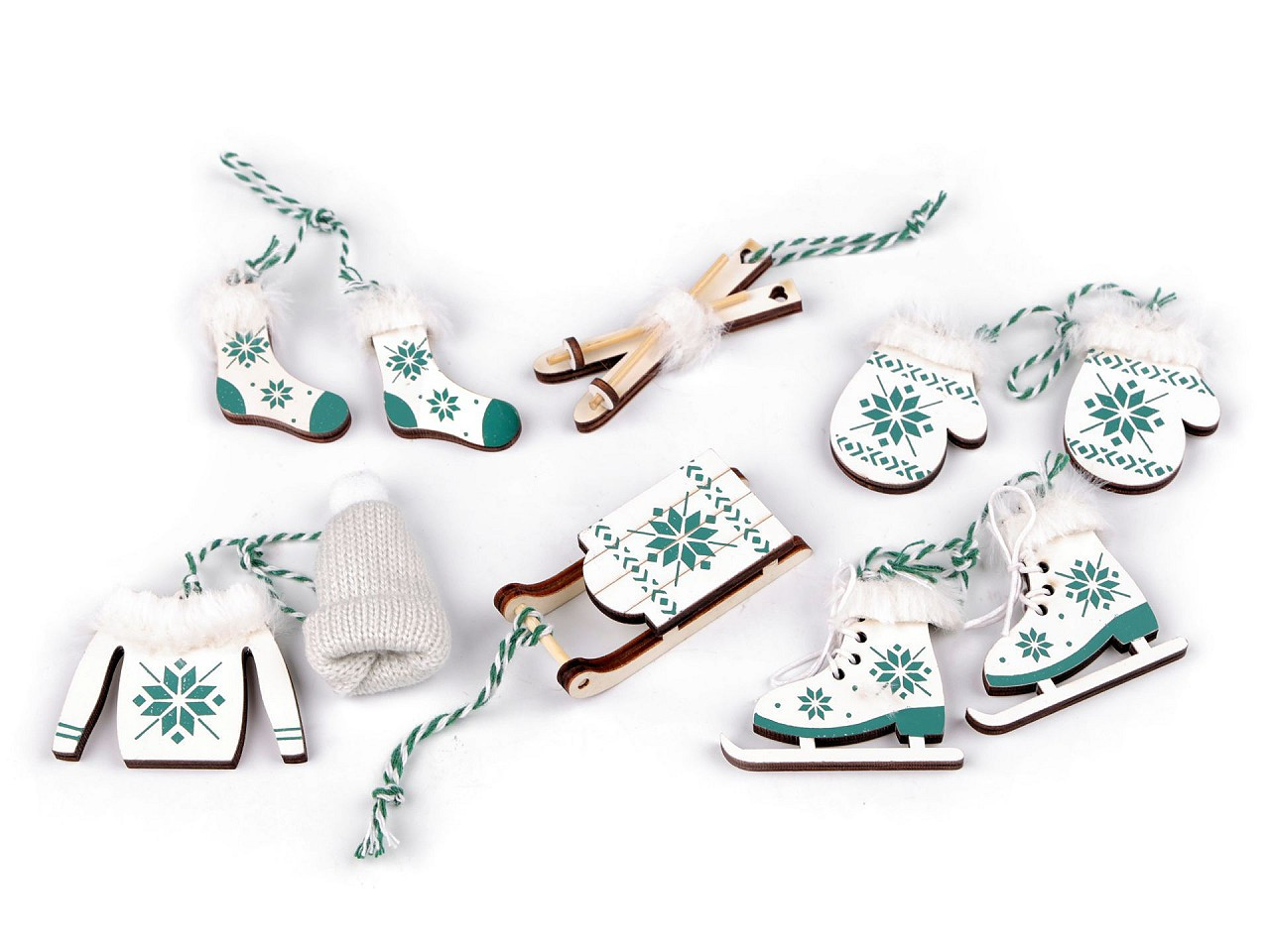 Vánoční dekorace - sáňky, lyže, brusle, čepice, bunda, rukavice, ponožky, barva 3 bílá zelená
