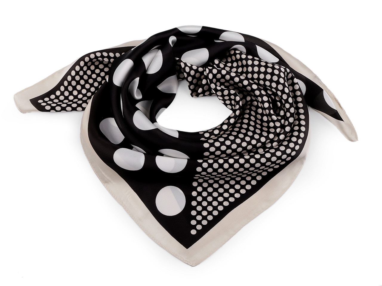 Saténový šátek puntík 70x70 cm, barva 2 černá béžová světlá