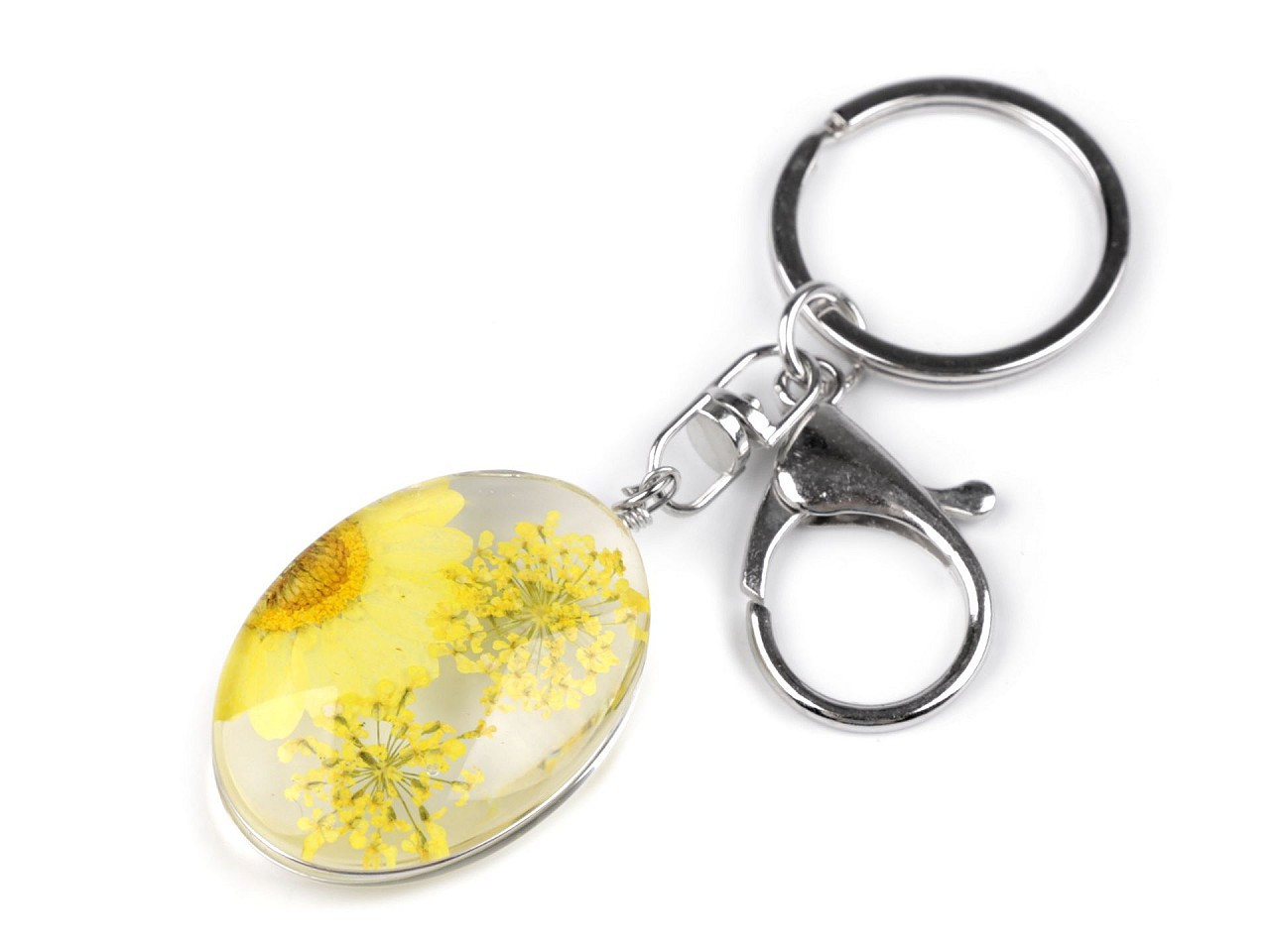 Přívěsek na klíče / kabelku lisované květy v oválu, barva 1 žlutá světlá