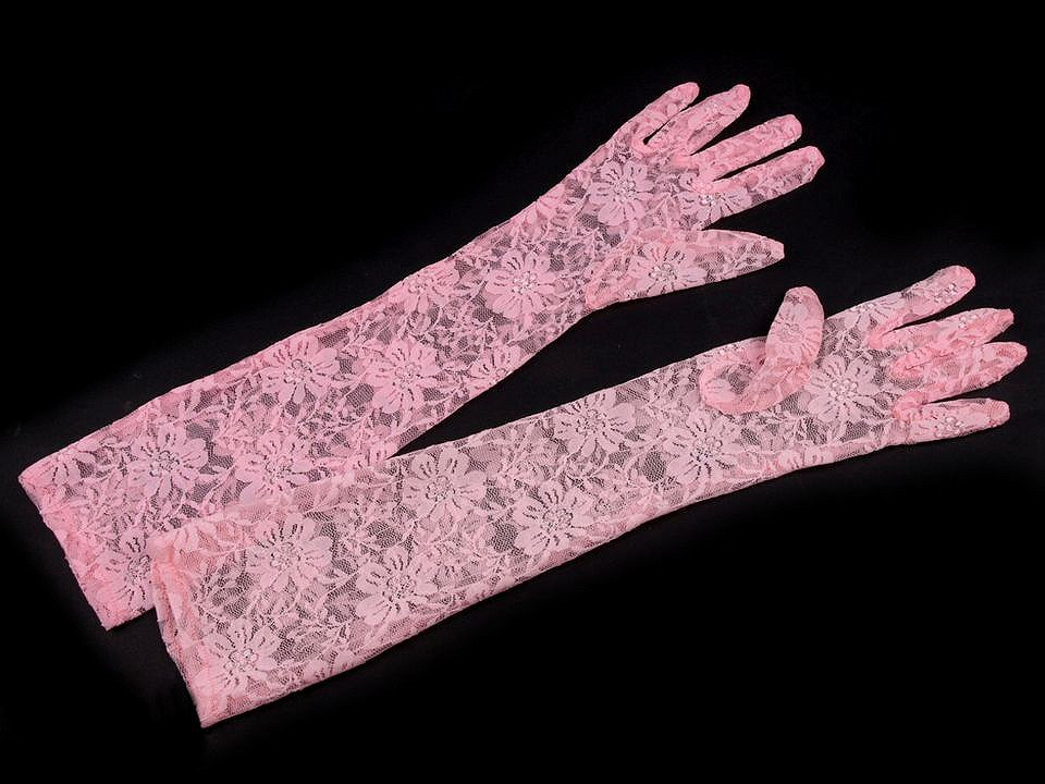 Dlouhé společenské rukavice krajkové, barva 3 růžová sv.