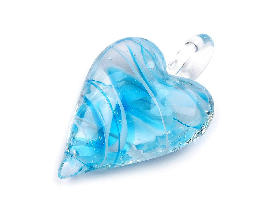 Skleněný přívěsek srdce 30x45 mm, barva 7 modrá azuro