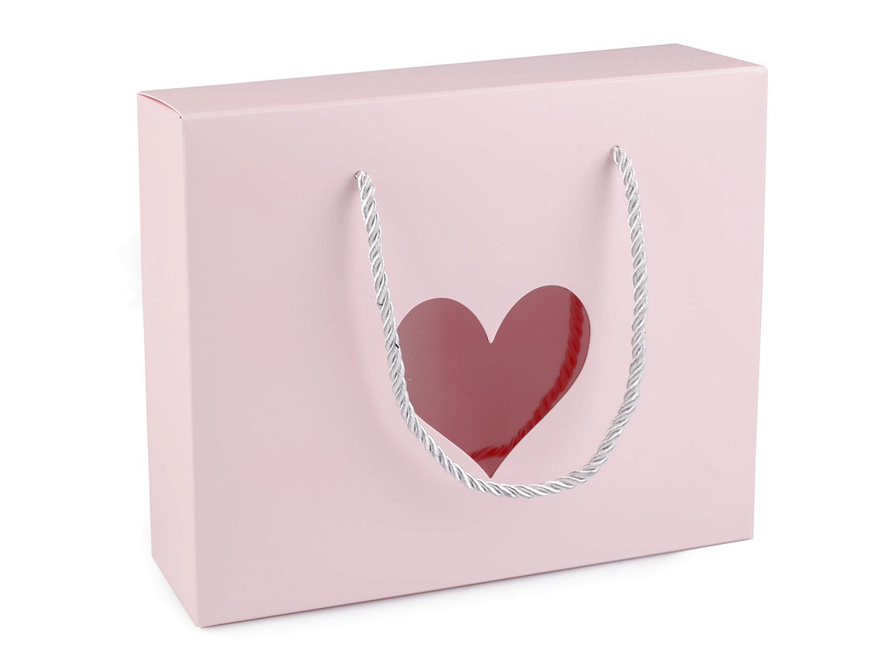 Papírová krabice s průhledem srdce a kroucenou šňůrkou, barva růžová sv.