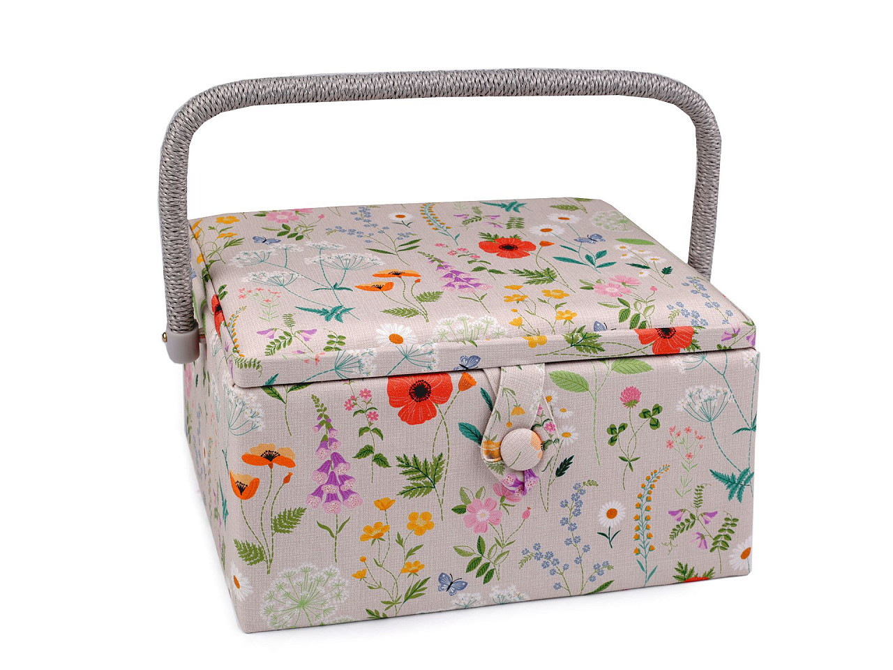 Kazeta / košík na šití čalouněný luční květy, barva režná