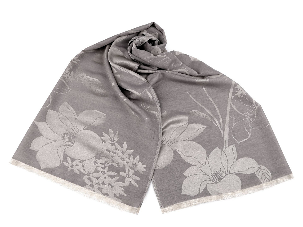 Šátek / šála s květy typu pashmina 74x185 cm, barva 3 šedá světlá