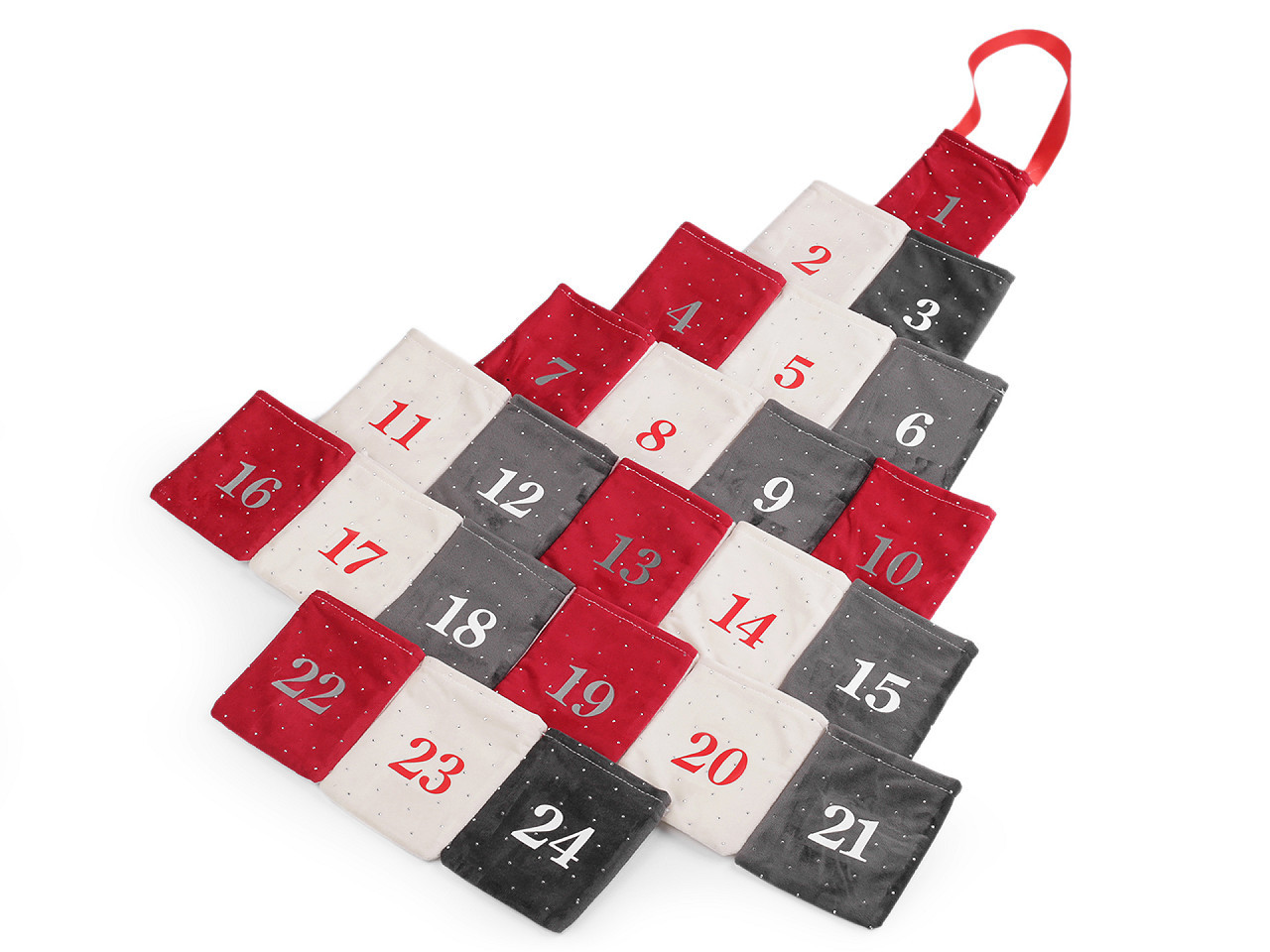 Adventní kalendář sametový s kamínky, barva červená