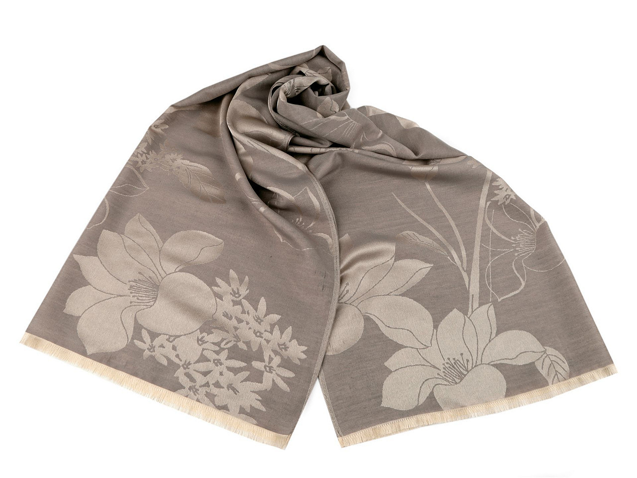Šátek / šála s květy typu pashmina 74x185 cm, barva 2 béžová
