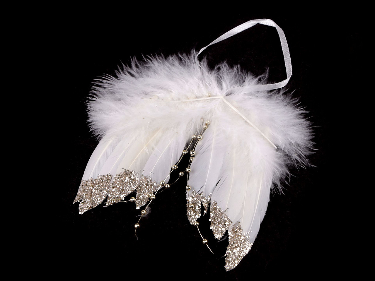 Dekorace andělská křídla s glitry a korálky, barva bílá zlatá
