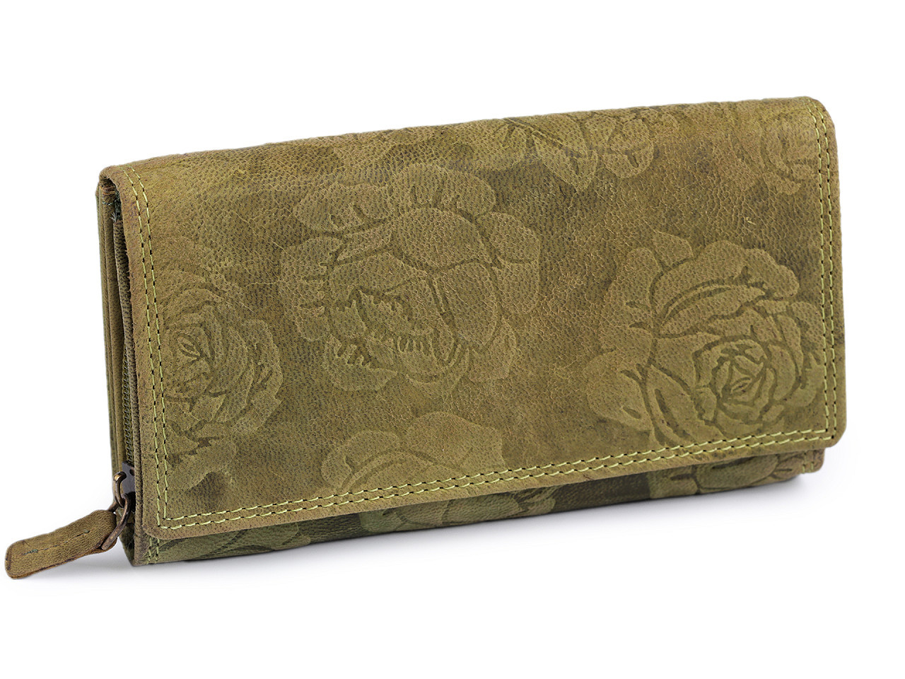 Dámská peněženka kožená s květy, barva 22 zelená khaki světlá
