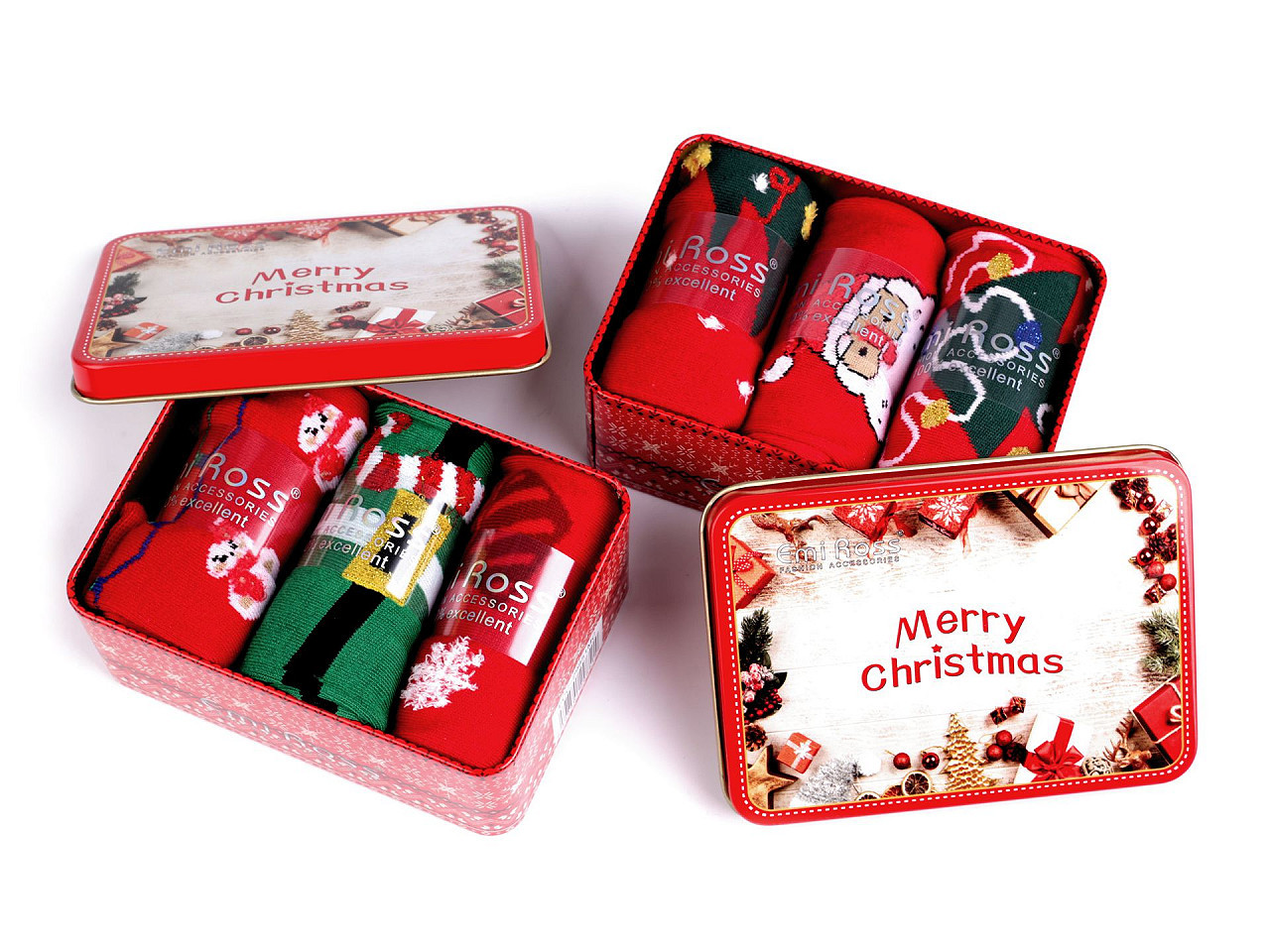 Vánoční ponožky v dárkové plechové krabičce Emi Ross, barva 1 (vel. 35-38) mix náhodný červená