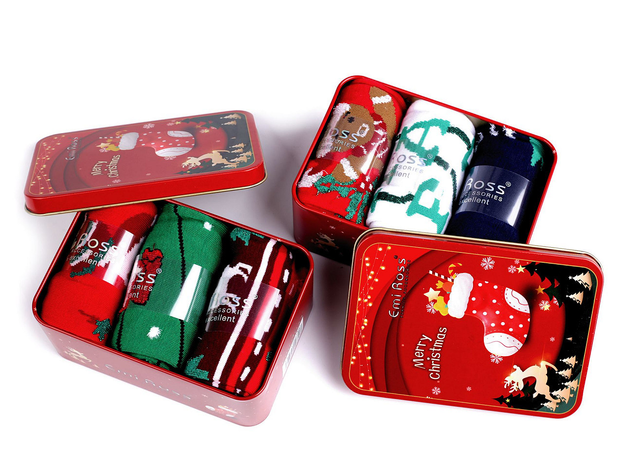 Vánoční ponožky v dárkové plechové krabičce Emi Ross, barva 4 (39-42) mix náhodný červená