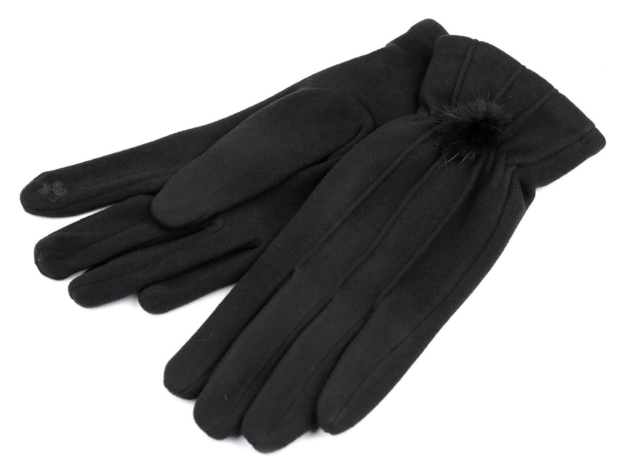 Dámské rukavice s kožešinovou bambulkou, dotykové, barva černá