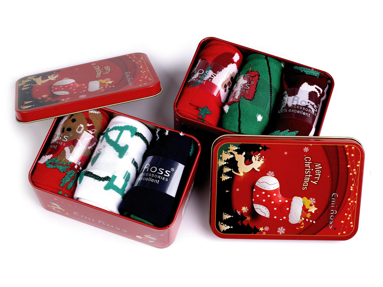 Vánoční ponožky v dárkové plechové krabičce Emi Ross, barva 7 (43-46) mix náhodný červená
