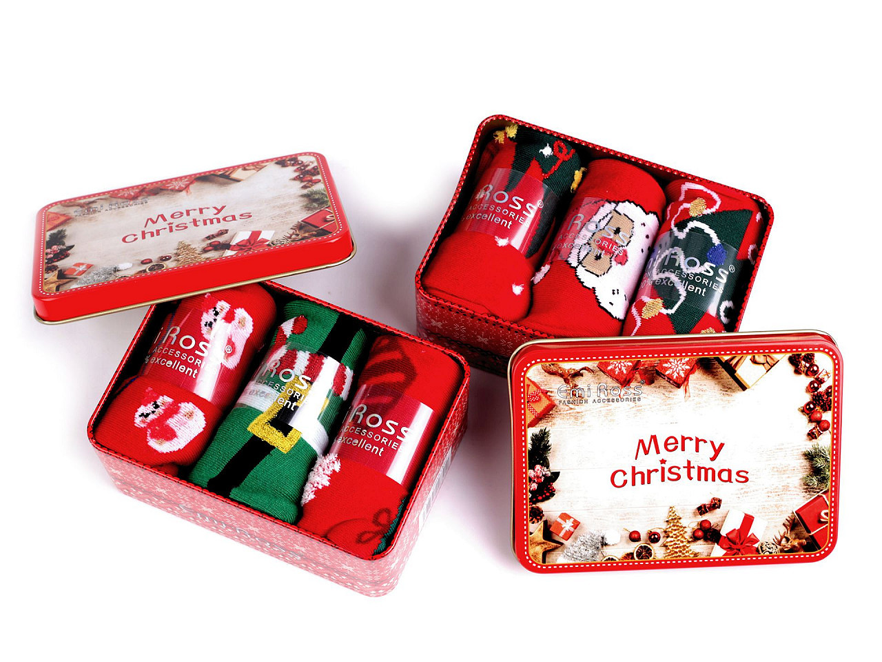 Vánoční ponožky v dárkové plechové krabičce Emi Ross, barva 3 (vel. 39-42) mix náhodný červená