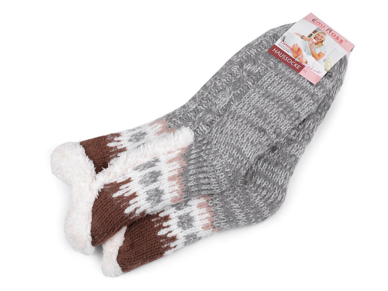 Ponožky zimní s kožíškem a protiskluzem Emi Ross, barva 13 (35-38) šedá světlá
