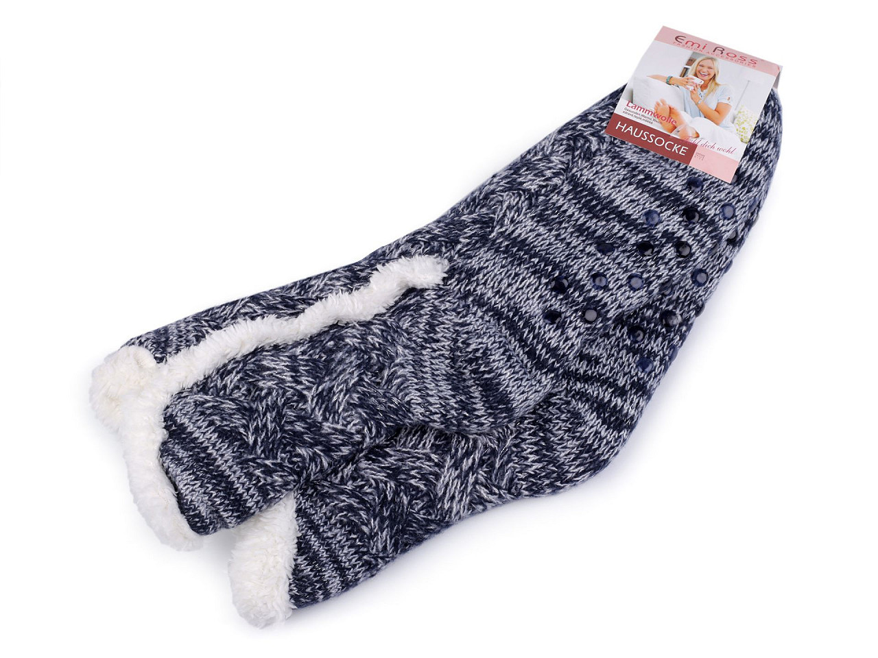 Ponožky zimní s kožíškem a protiskluzem Emi Ross, barva 3 (35-38) modrá tmavá