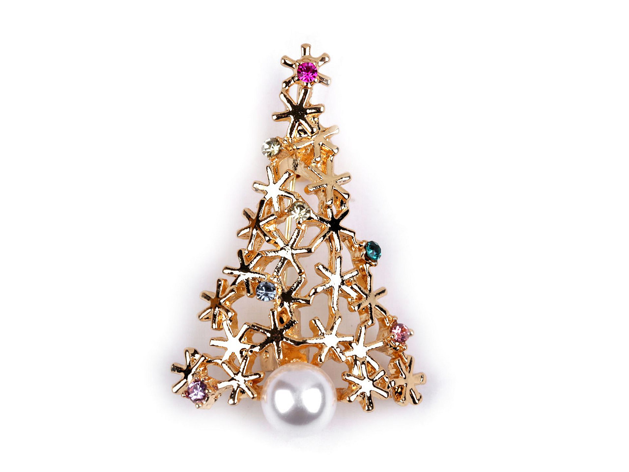 Brož s broušenými kamínky vánoční stromeček, barva 2 zlatá perla