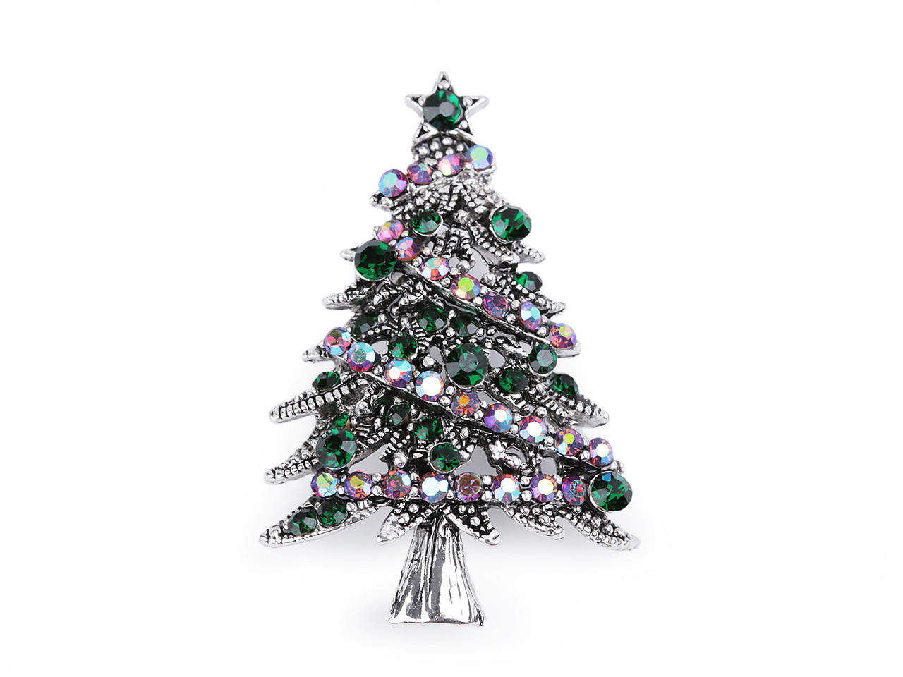 Brož s broušenými kamínky vánoční stromeček, barva 3 platina zelená tmavá