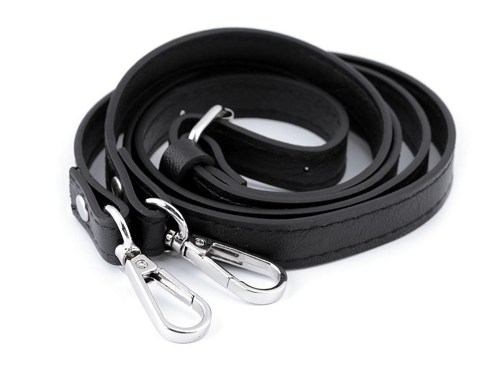 Koženkový popruh / ucho na kabelku s karabinami šíře 1,5 cm, barva 1 černá nikl