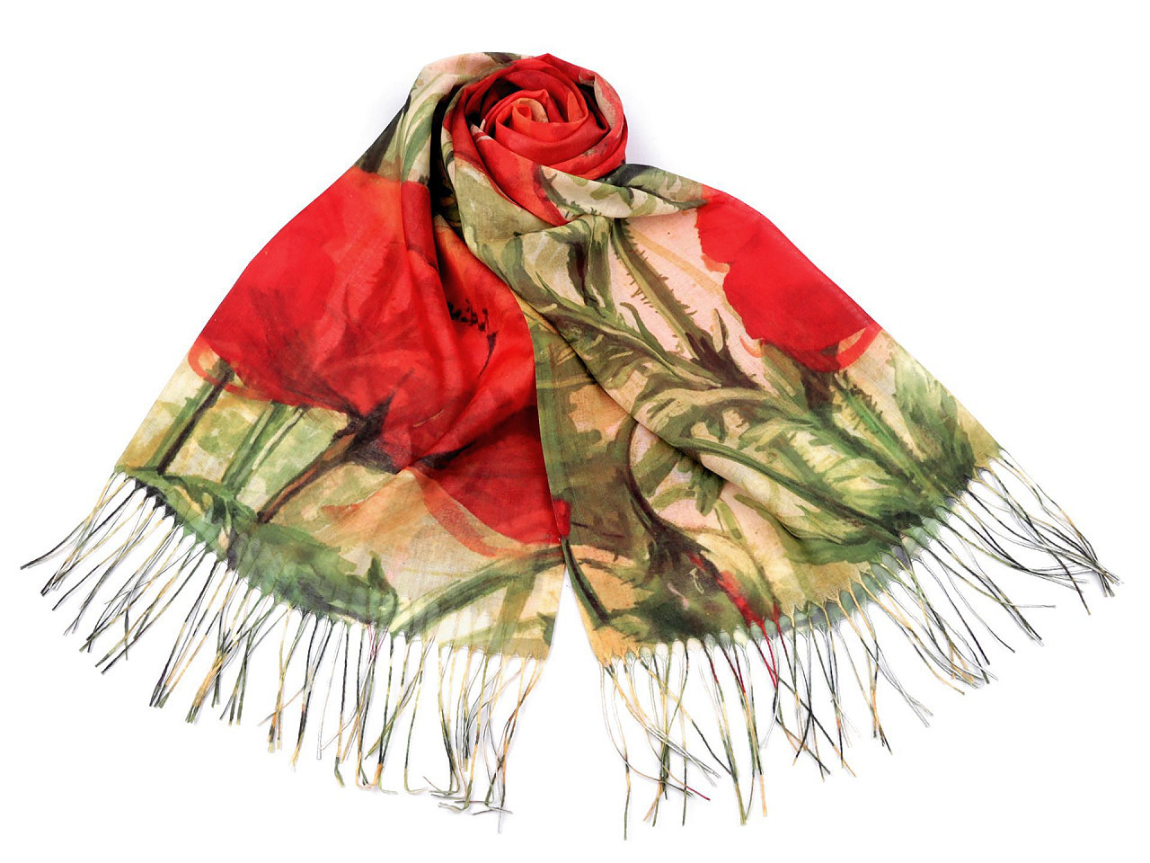 Šátek / šála s třásněmi malované květy 70x175 cm, barva 1 červená
