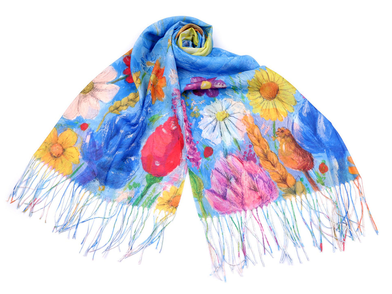 Šátek / šála s třásněmi malované květy 70x175 cm, barva 4 modrá azuro
