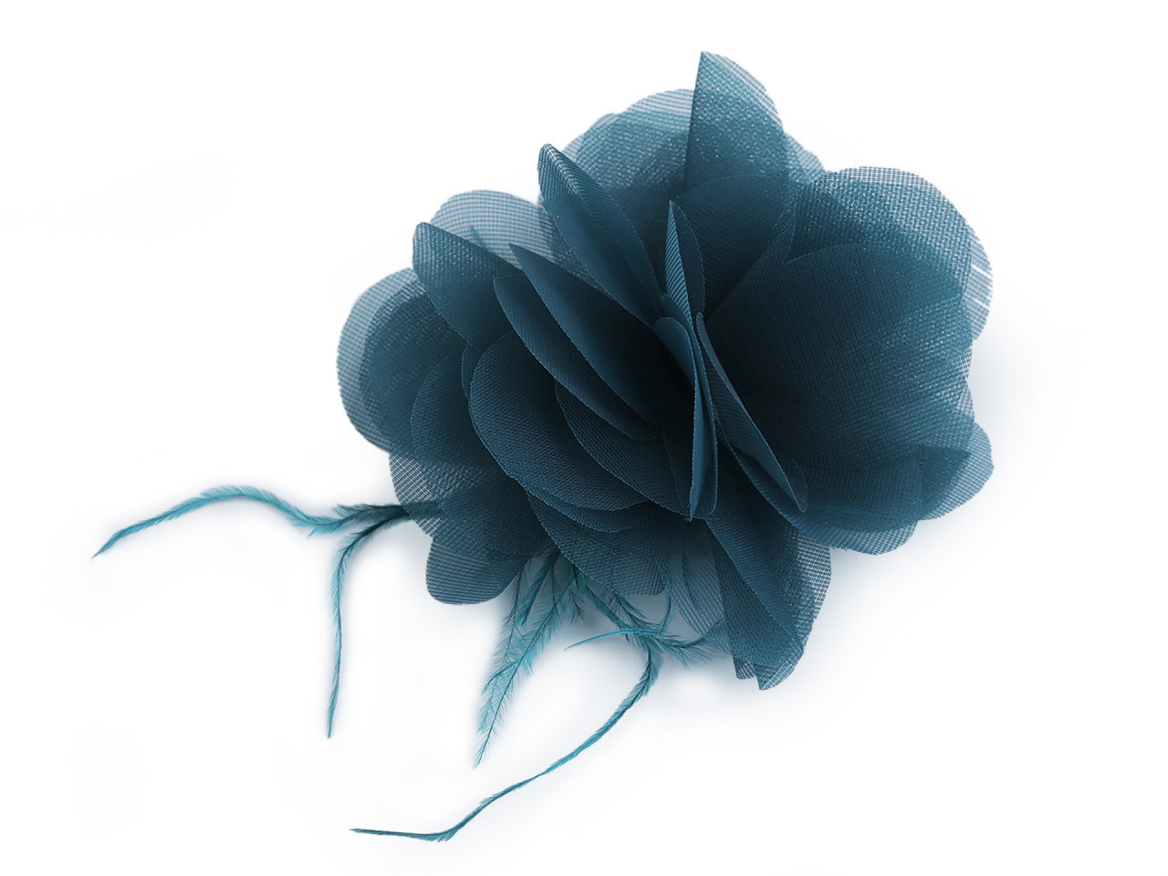 Šifónový květ s peřím k našití a nalepení Ø8-9 cm, barva 4 petrolejová tmavá