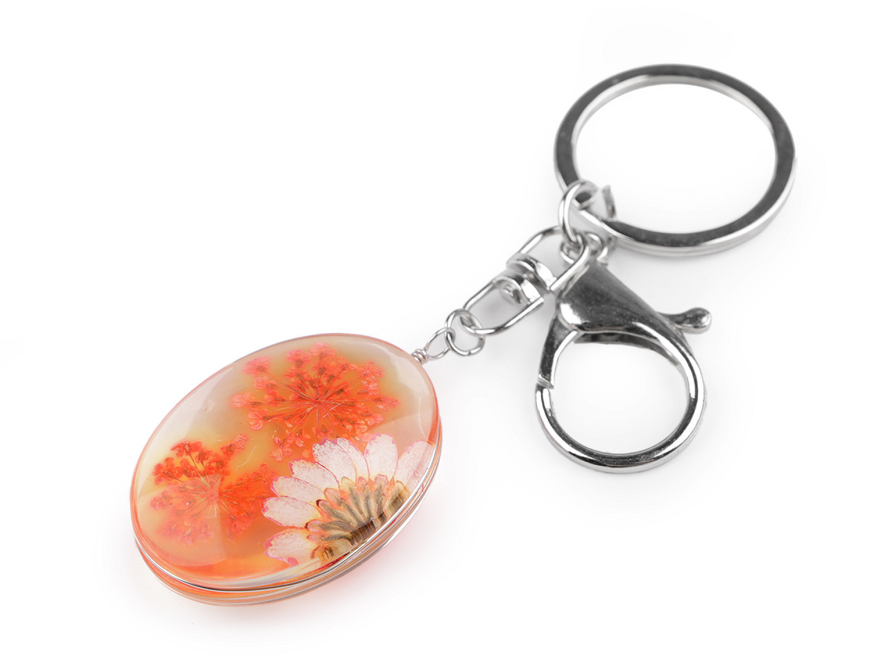 Přívěsek na klíče / kabelku lisované květy v oválu, barva 7 korálová