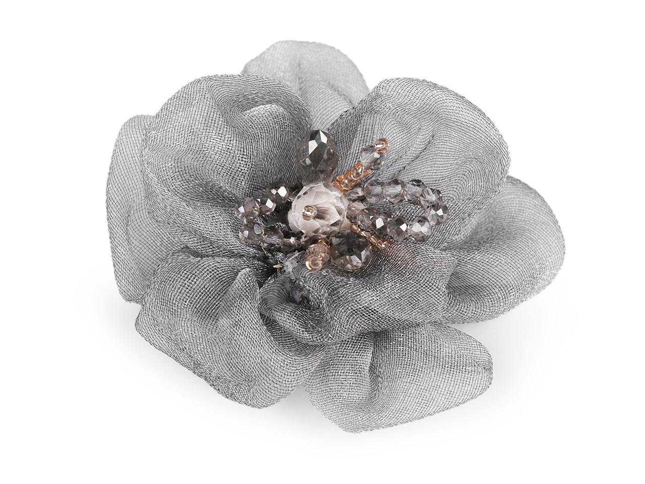 Květ s broušenými skleněnými korálky k našití a nalepení Ø6-7 cm, barva 6 šedá