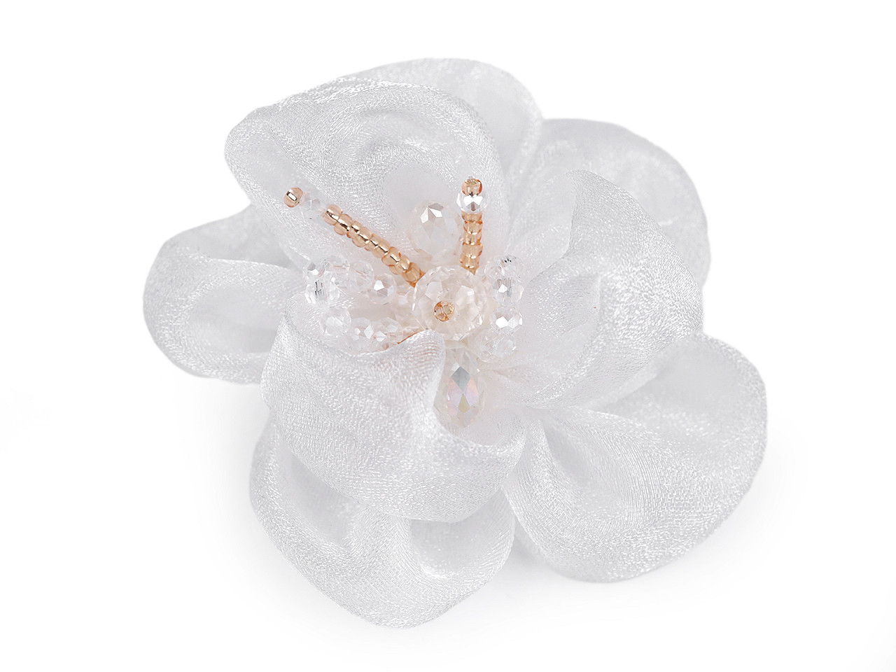 Květ s broušenými skleněnými korálky k našití a nalepení Ø6-7 cm, barva 1 bílá