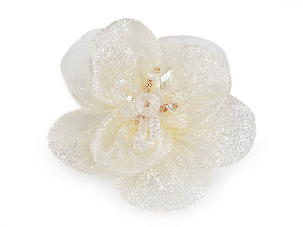 Květ s broušenými skleněnými korálky k našití a nalepení Ø6-7 cm, barva 2 krémová nejsvět.