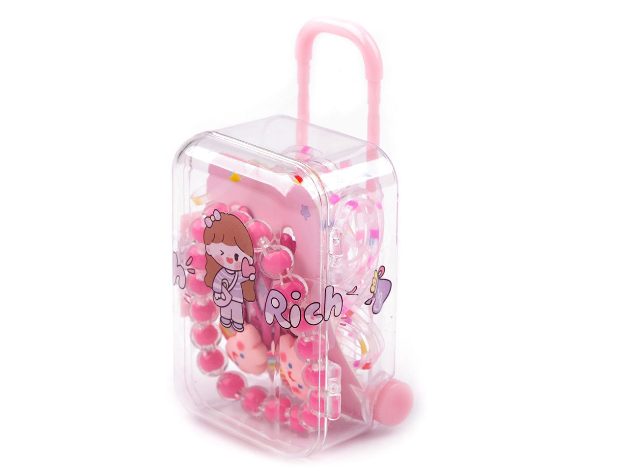 Dětský náramek, pukačky a gumičky v boxu kufr, barva 4 pink duha