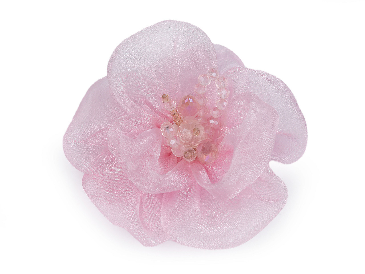 Květ s broušenými skleněnými korálky k našití a nalepení Ø6-7 cm, barva 4 růžová sv.