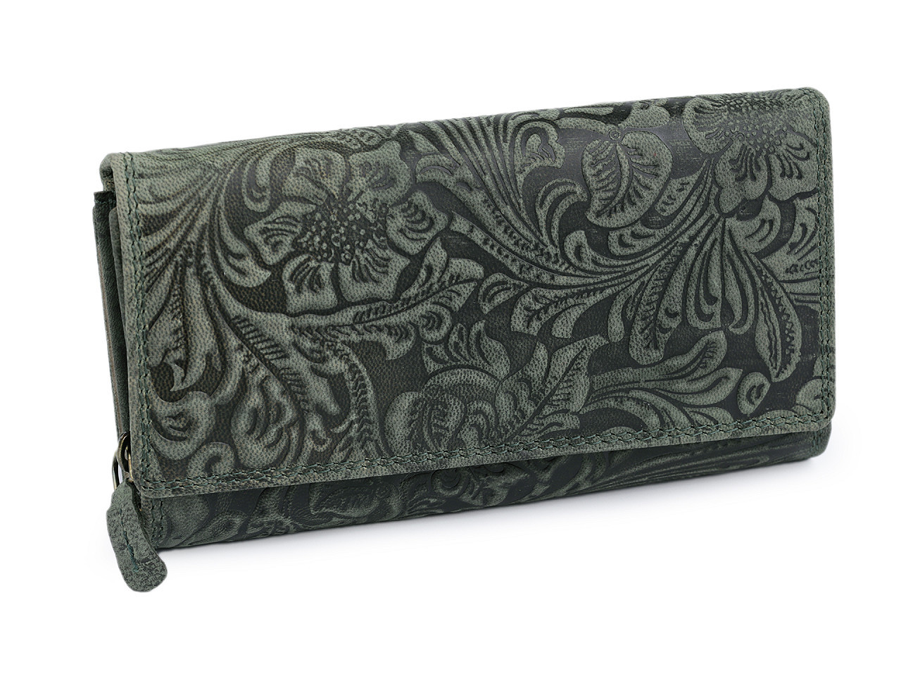 Dámská peněženka kožená s květy, barva 21 zelenočerná