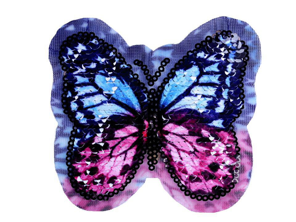 Aplikace motýl s oboustrannými flitry, barva 4 fialová světlá modrá