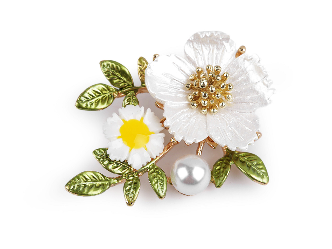 Brož s perlou květiny, barva bílá perlová