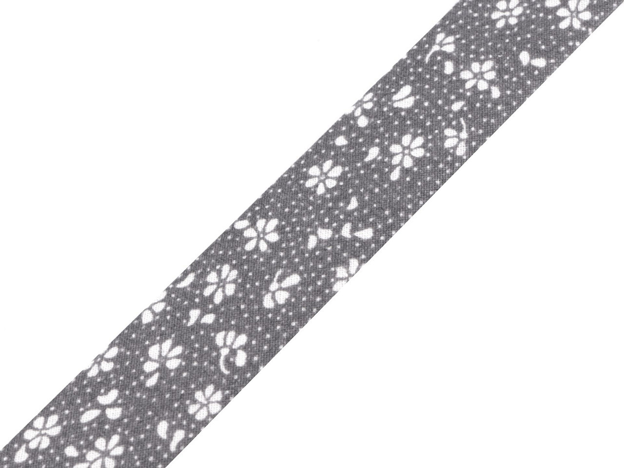 Šikmý proužek bavlněný vzorovaný šíře 20 mm zažehlený, barva 920110/4 šedá květy