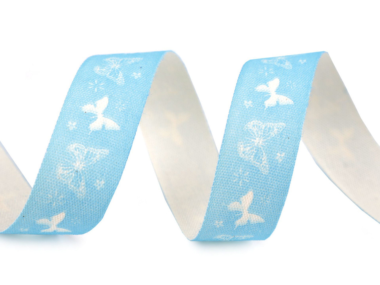 Bavlněná stuha šíře 15 mm motýlci, barva 3 modrá nebeská