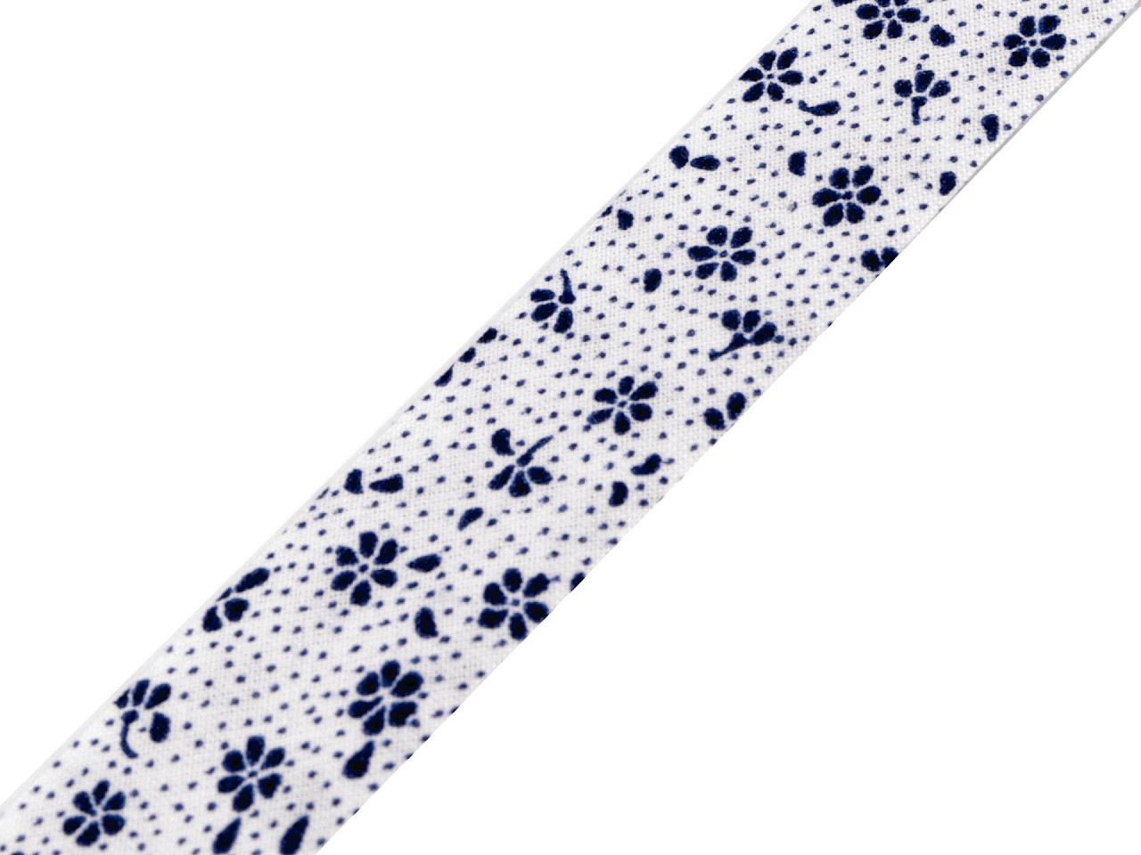 Šikmý proužek bavlněný vzorovaný šíře 20 mm zažehlený, barva 920110//2 bílo-modrá květy