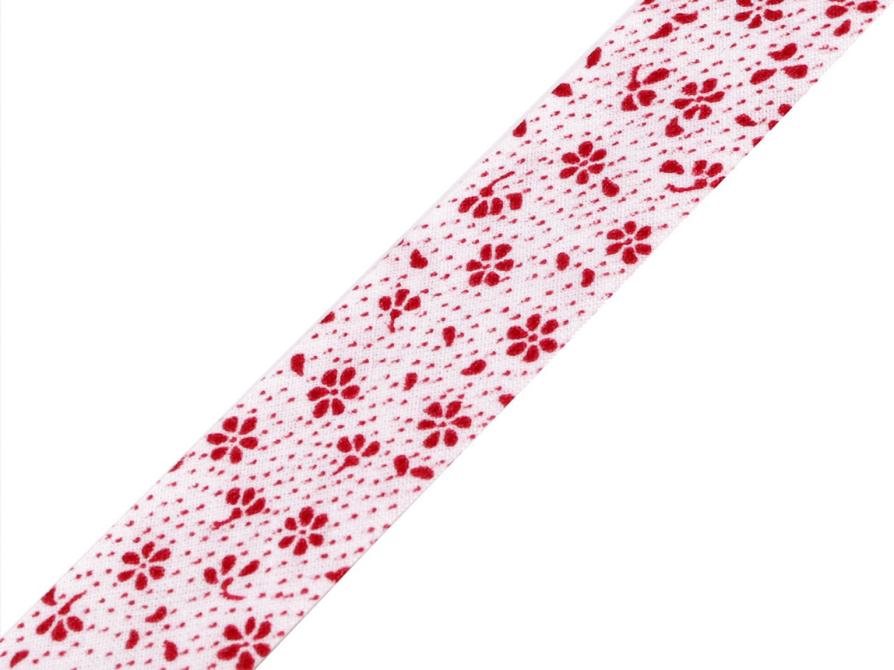 Šikmý proužek bavlněný vzorovaný šíře 20 mm zažehlený, barva 920110/1 bílo červená květy