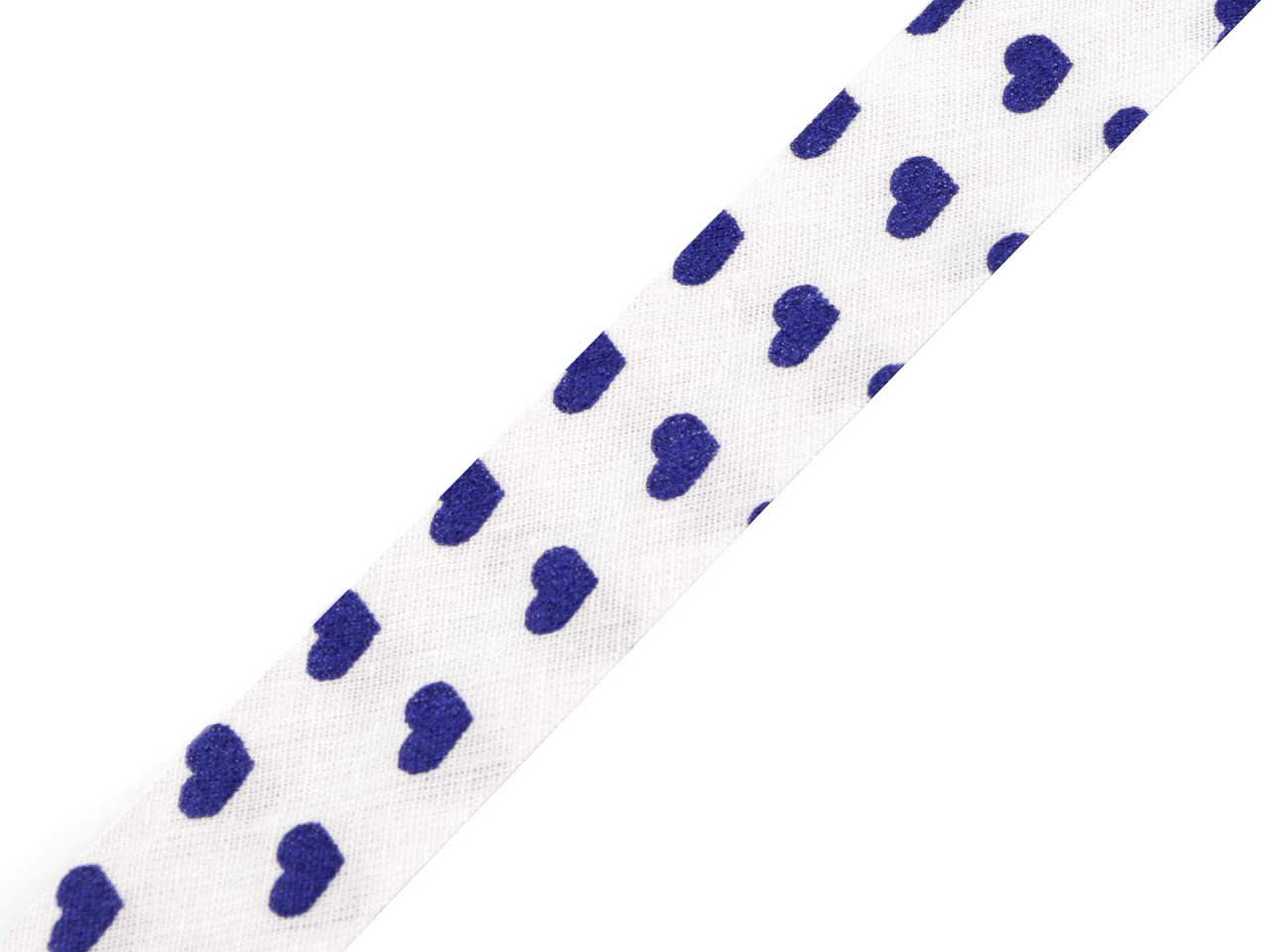 Šikmý proužek bavlněný vzorovaný šíře 20 mm zažehlený, barva 380564/16 bílo-modrá srdce
