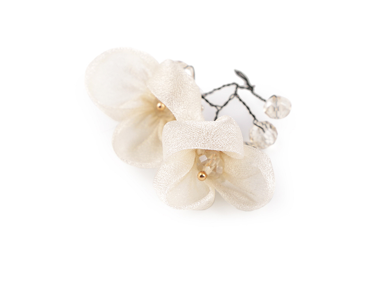 Květ na drátku s broušenými korálky hand made, barva 2 krémová nejsvět.