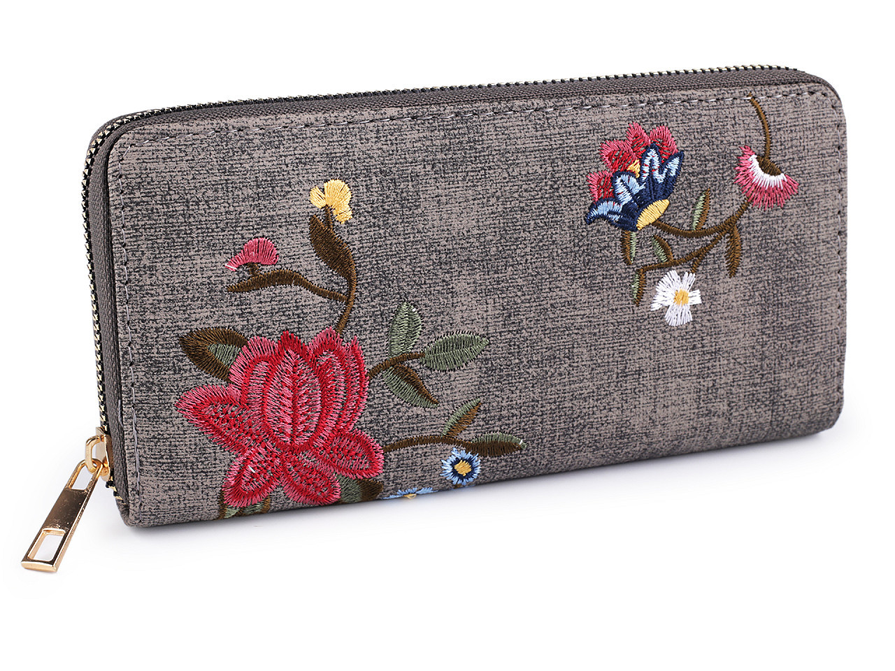 Dámská peněženka s vyšívanými květy 9,5x19 cm, barva 2 šedá střední
