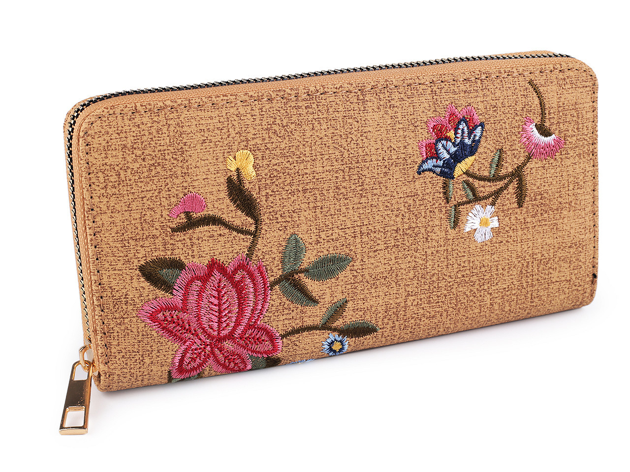 Dámská peněženka s vyšívanými květy 9,5x19 cm, barva 1 béžová velbloudí