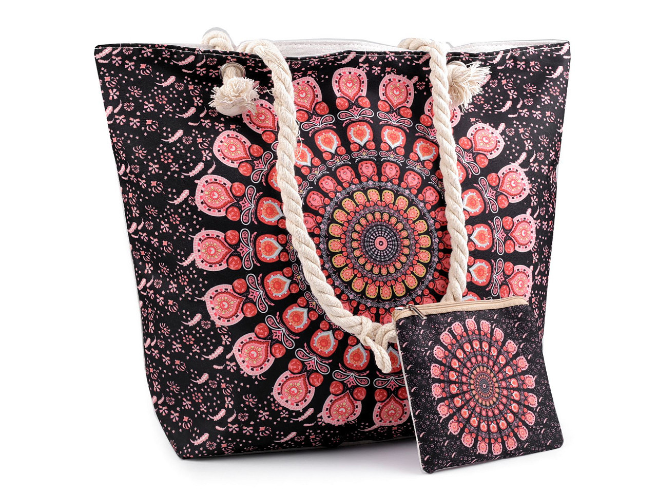 Letní / plážová taška mandala, paisley s taštičkou 39x50 cm, barva 5 korálová černá