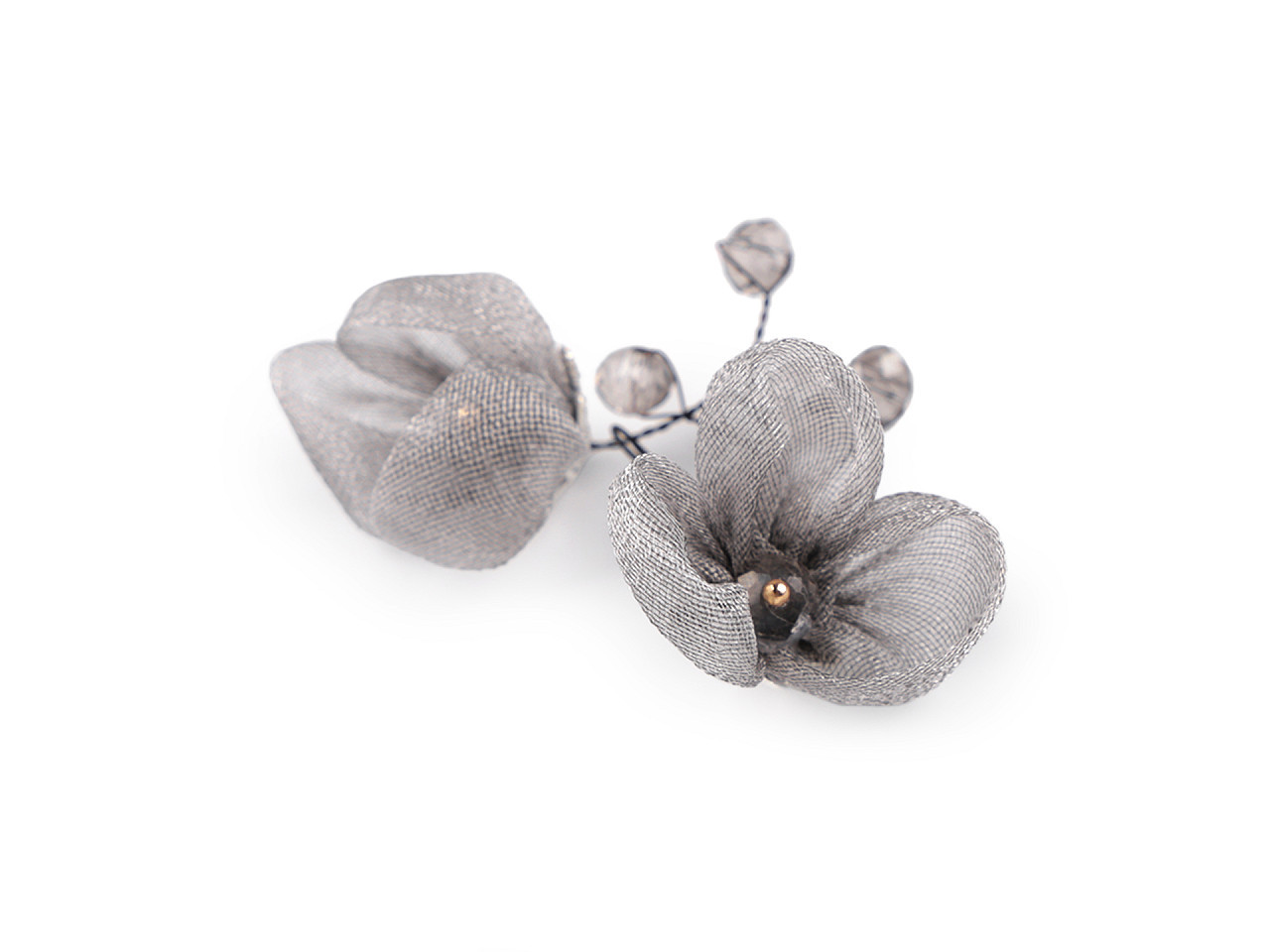 Květ na drátku s broušenými korálky hand made, barva 8 šedá světlá