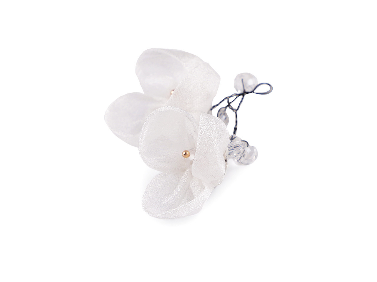 Květ na drátku s broušenými korálky hand made, barva 1 Off White