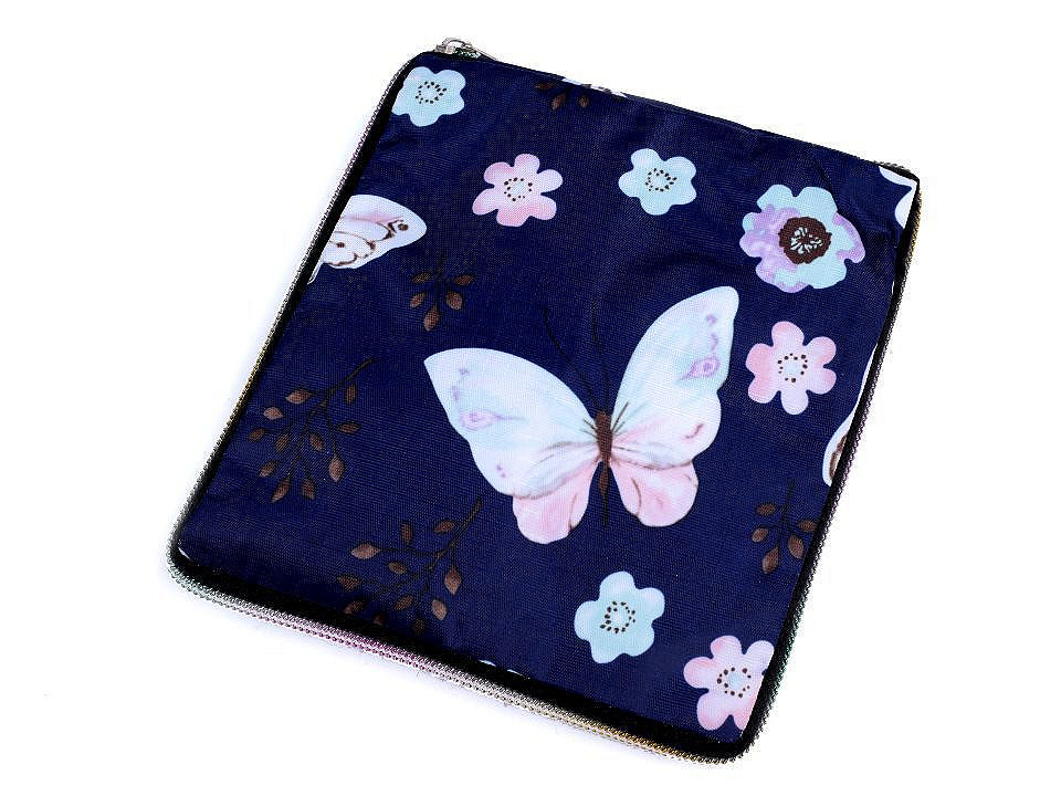 Skládací nákupní taška se zipem pevná 38x44 cm, barva 20 modrá tmavá motýl