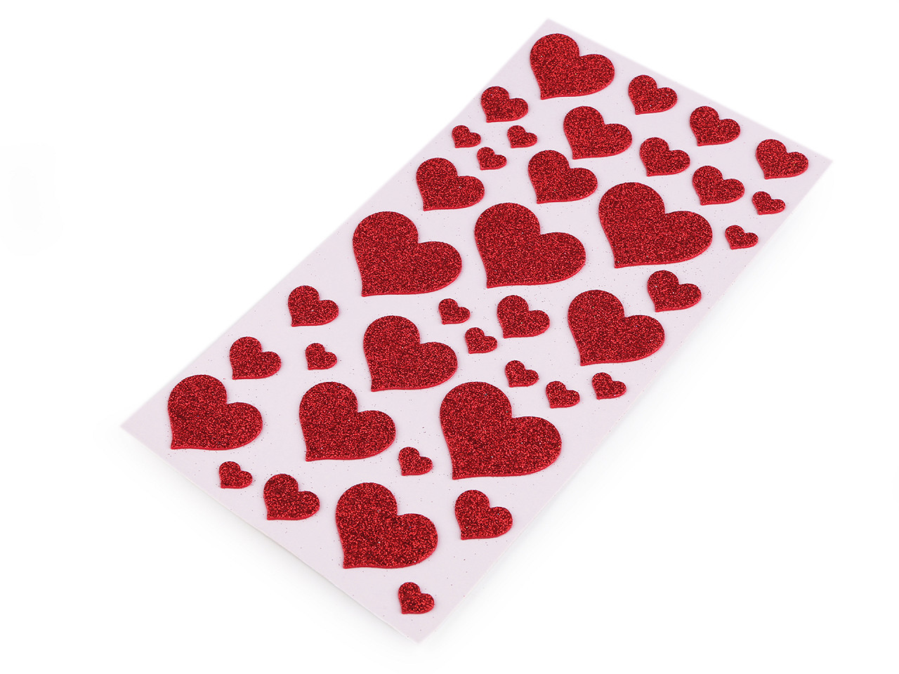 Samolepicí pěnová guma Moosgummi srdce s glitry - mix velikostí, barva 3 červená